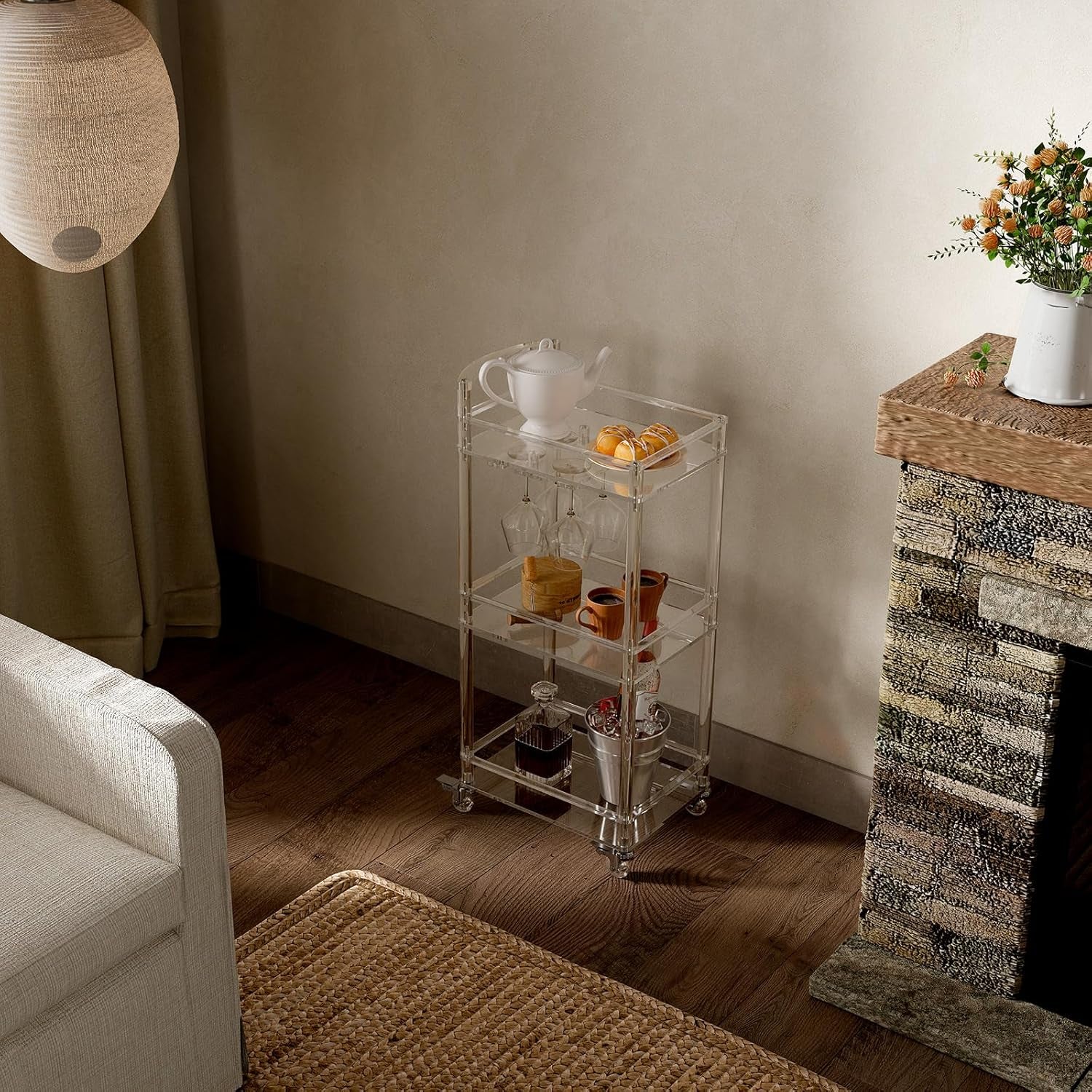 Small Acrylic Bar Cart - 3 Tier Home Bar Cart Rolling Serving Cart with 4 Lockable Wheels, Glass Holders, Handle, for Living Room, Kitchen, Bedroom, Bar, 15.6" L X 11.6" W X 35" H