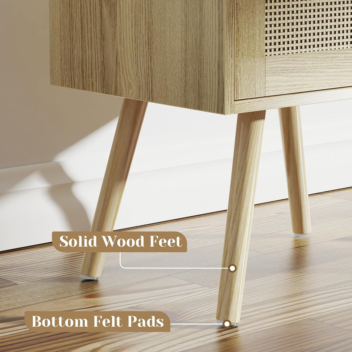 Nightstands Set of 2, Night Stands with Charging Station & PE Rattan Decor Drawer, Bed Side Tables with Solid Wood Feet, End Table, for Bedroom, Living Room - Natural
