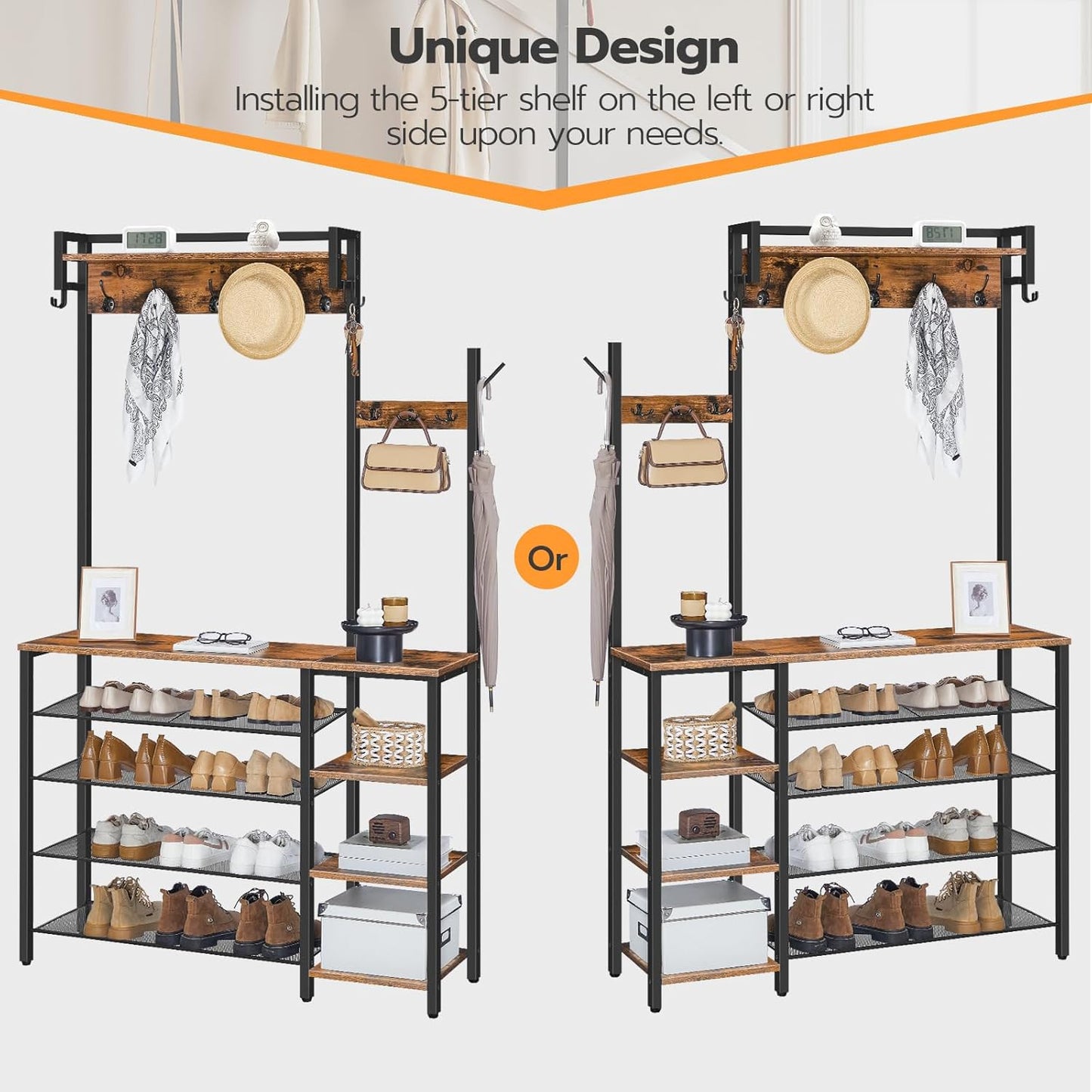 Hall Tree with Bench, Entryway Bench with Coat Rack, Shoe and Coat Rack for Entryway, Coat Rack with Shoe Storage and Reversible Storage Shelves, Rustic Brown BF105MT01