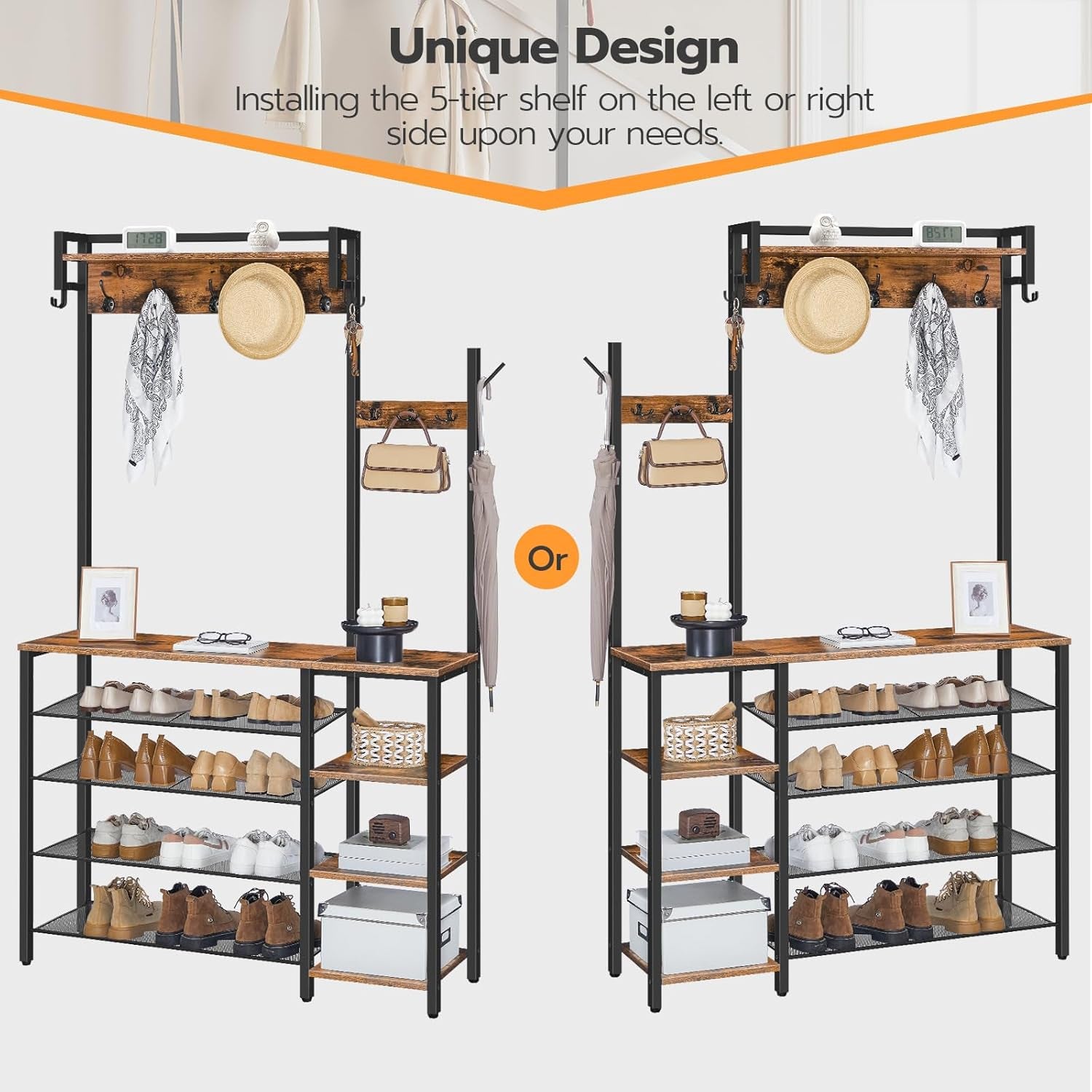 Hall Tree with Bench, Entryway Bench with Coat Rack, Shoe and Coat Rack for Entryway, Coat Rack with Shoe Storage and Reversible Storage Shelves, Rustic Brown BF105MT01