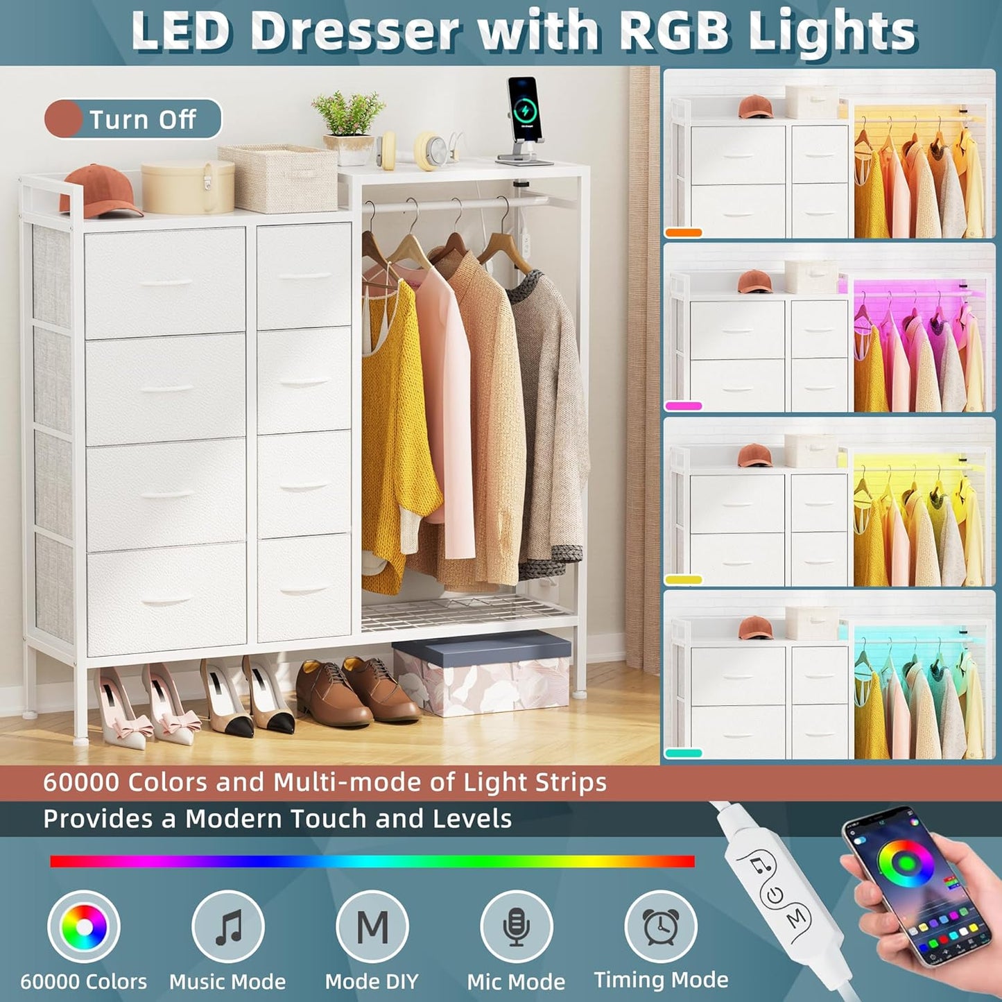 Dresser with Hanging Rack, 8-Drawer Dresser for Bedroom with Charging Station & LED Lights, Kids Dressers with Shoe Rack, Chest of Drawers with Wooden Top for Bedroom, Kids Room, White, 11.8"D