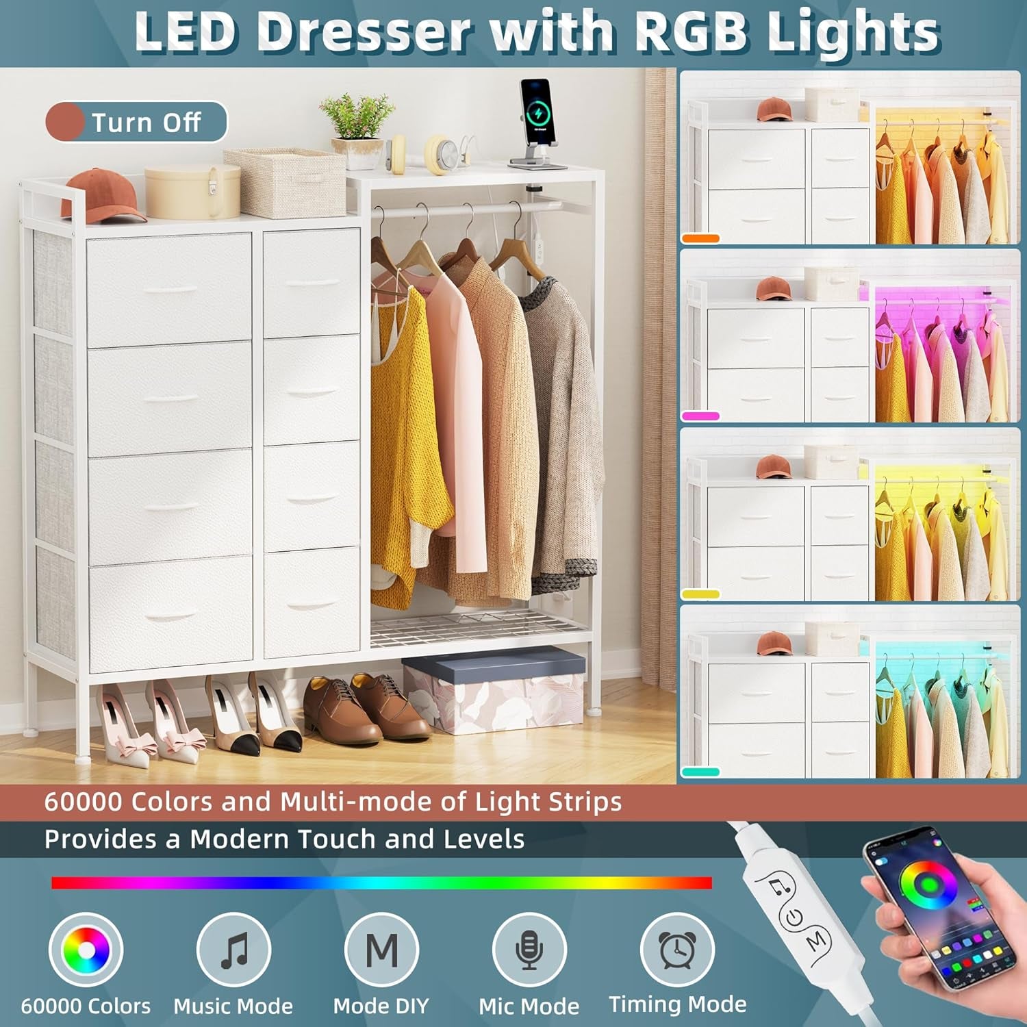 Dresser with Hanging Rack, 8-Drawer Dresser for Bedroom with Charging Station & LED Lights, Kids Dressers with Shoe Rack, Chest of Drawers with Wooden Top for Bedroom, Kids Room, White, 11.8"D