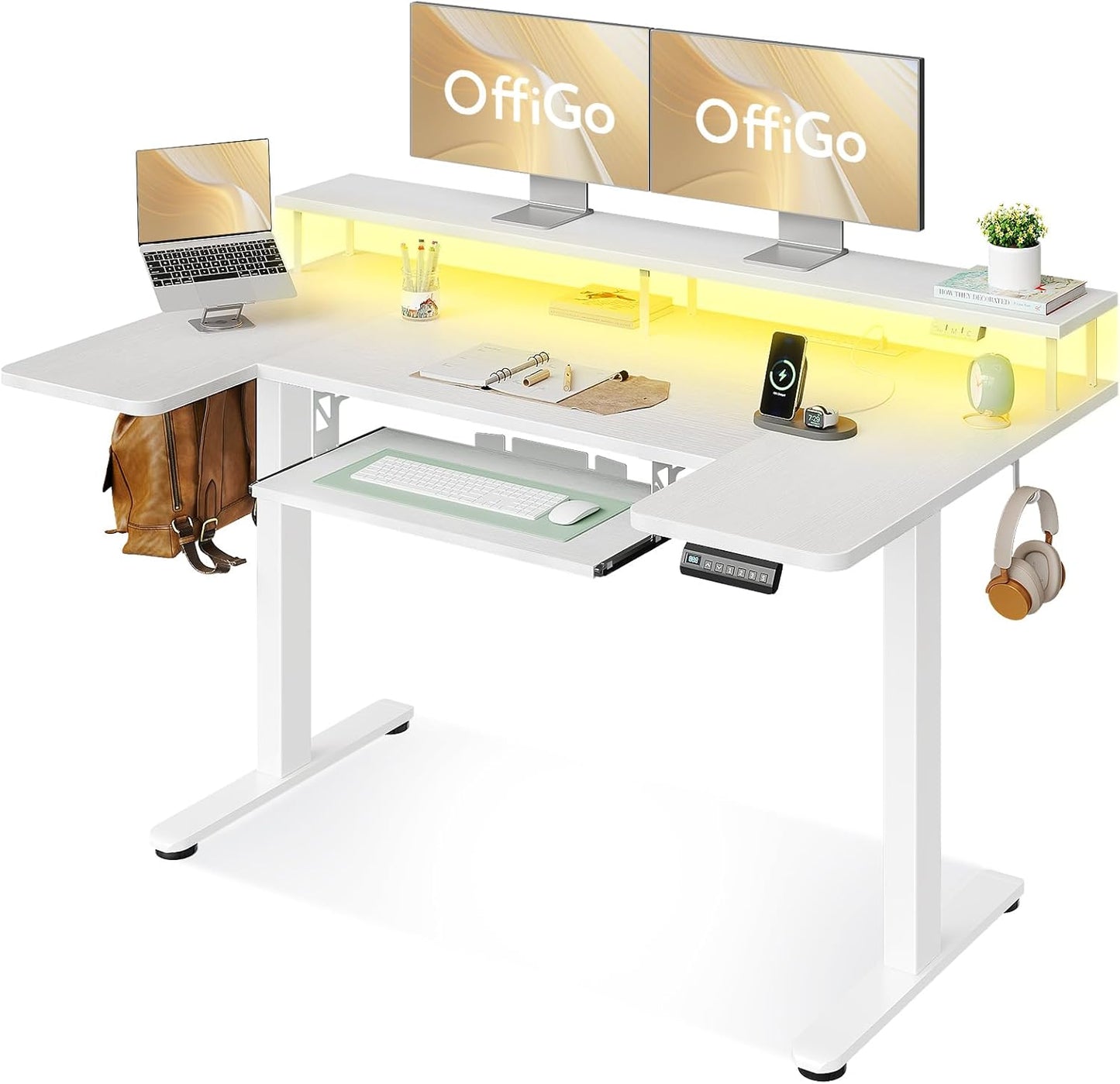 U Shaped Electric Standing Desk with Keyboard Tray, 55 Inch Height Adjustable Desk with Power Outlets & LED Lights, Sit Stand Table with Monitor Stand for Home, Office, White