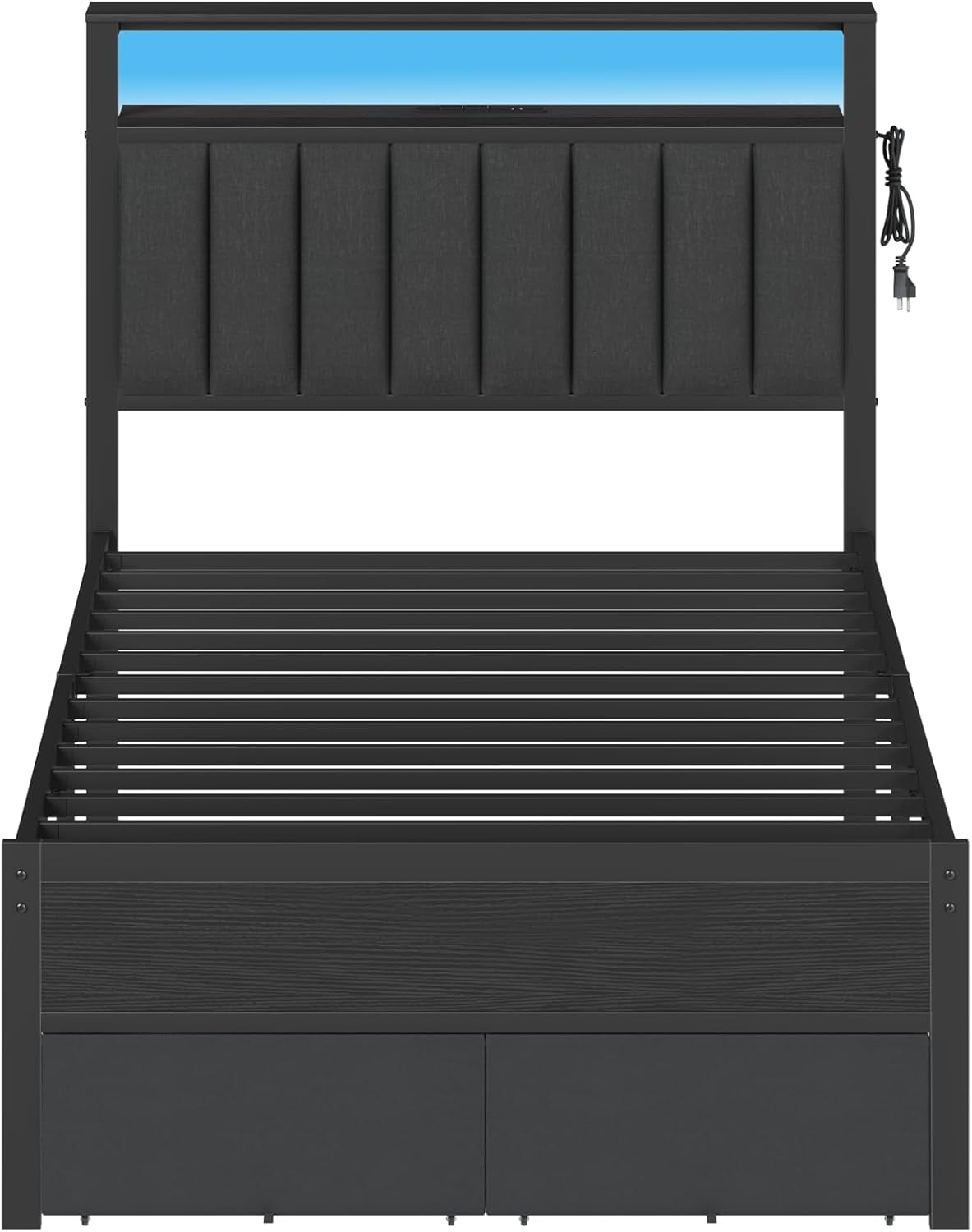 Twin Bed Frames with Charging Station and LED Lights, Grey Upholstered Headboard with Shelves, Metal Platform Bed with 2 Under-Bed Storage (Fabric Drawer on Wheels), No Box Spring Needed