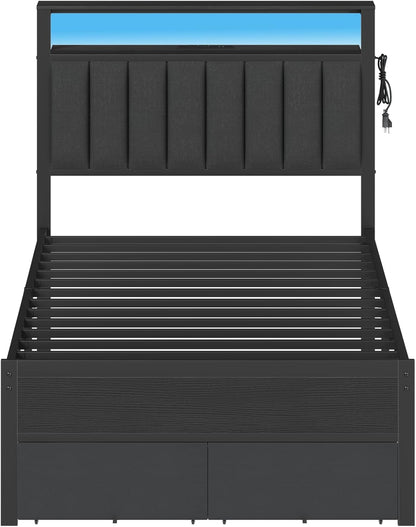 Twin Bed Frames with Charging Station and LED Lights, Grey Upholstered Headboard with Shelves, Metal Platform Bed with 2 Under-Bed Storage (Fabric Drawer on Wheels), No Box Spring Needed