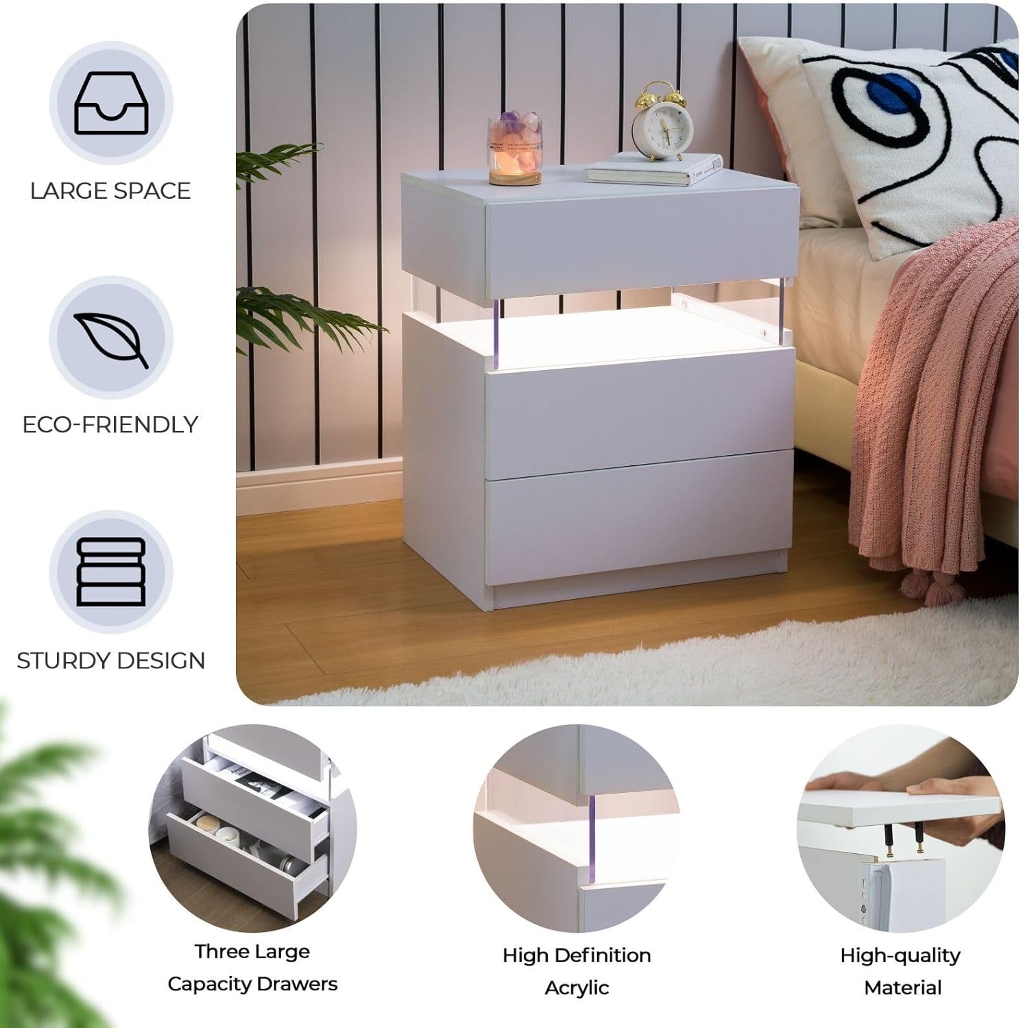 White LED Nightstand Set of 2,Night Stand Set 2,Modern Night Stand with 3 Drawers,Night Stands for Bedroom Set of 2,Bedside Table with Silent Slide Drawer