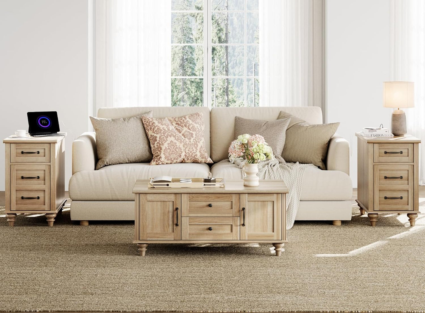 Farmhouse Coffee Table with Storage Cabinet, Wooden Coffee Tables for Living Room, Rustic Tea Table Rectangle Center Table with Drawers for Home, Oak