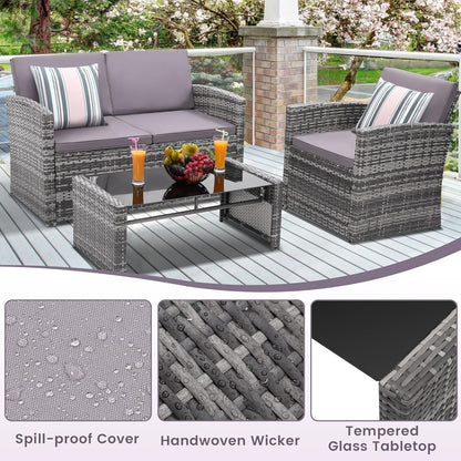 4-Piece Patio Furniture Set, Wicker Outdoor Rattan Sectional Sofa with Cushions and Glass Table, All-Weather Outdoor Conversation Set for Garden, Porch, Backyard, Patio, Light Grey