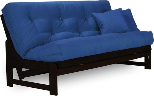 Arden Dark Espresso (Near Black) Futon Set (Full or Queen Size), Armless Wood Futon Frame with Mattress Included (Twill Royal Blue), Space Saving Sofa Bed Sleeper
