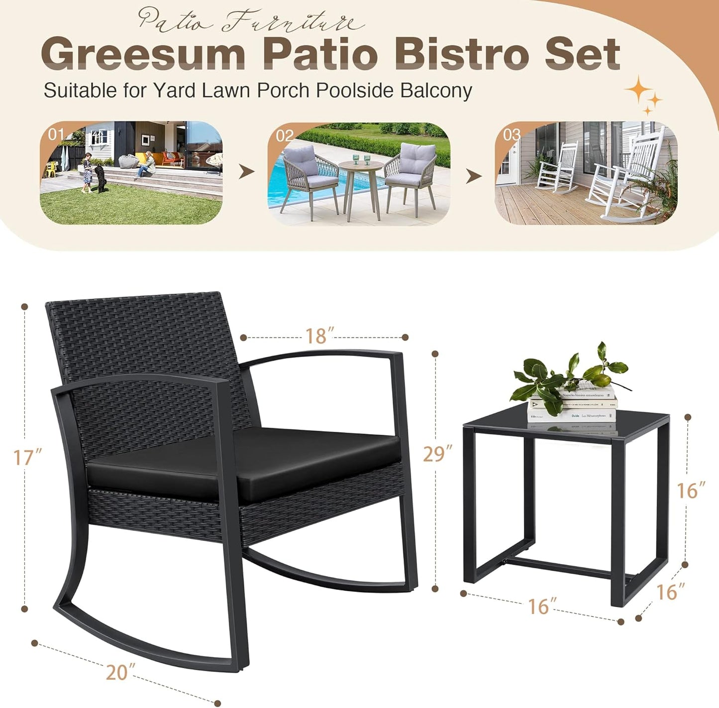 3 Pieces Outdoor Furniture Set Patio Bistro Rocking Chairs with Glass Coffee Table for Pool Beach Backyard Balcony Porch Deck Garden, Dark Black