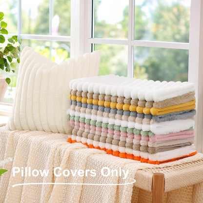 Faux Fur Spring Throw Pillow Covers 18X18 Set of 2, Decorative Soft Plush Striped Neutral Couch Euro Pillow Covers with Velvet Back for Sofa, Bed, Living Room Home Decor, Cream White
