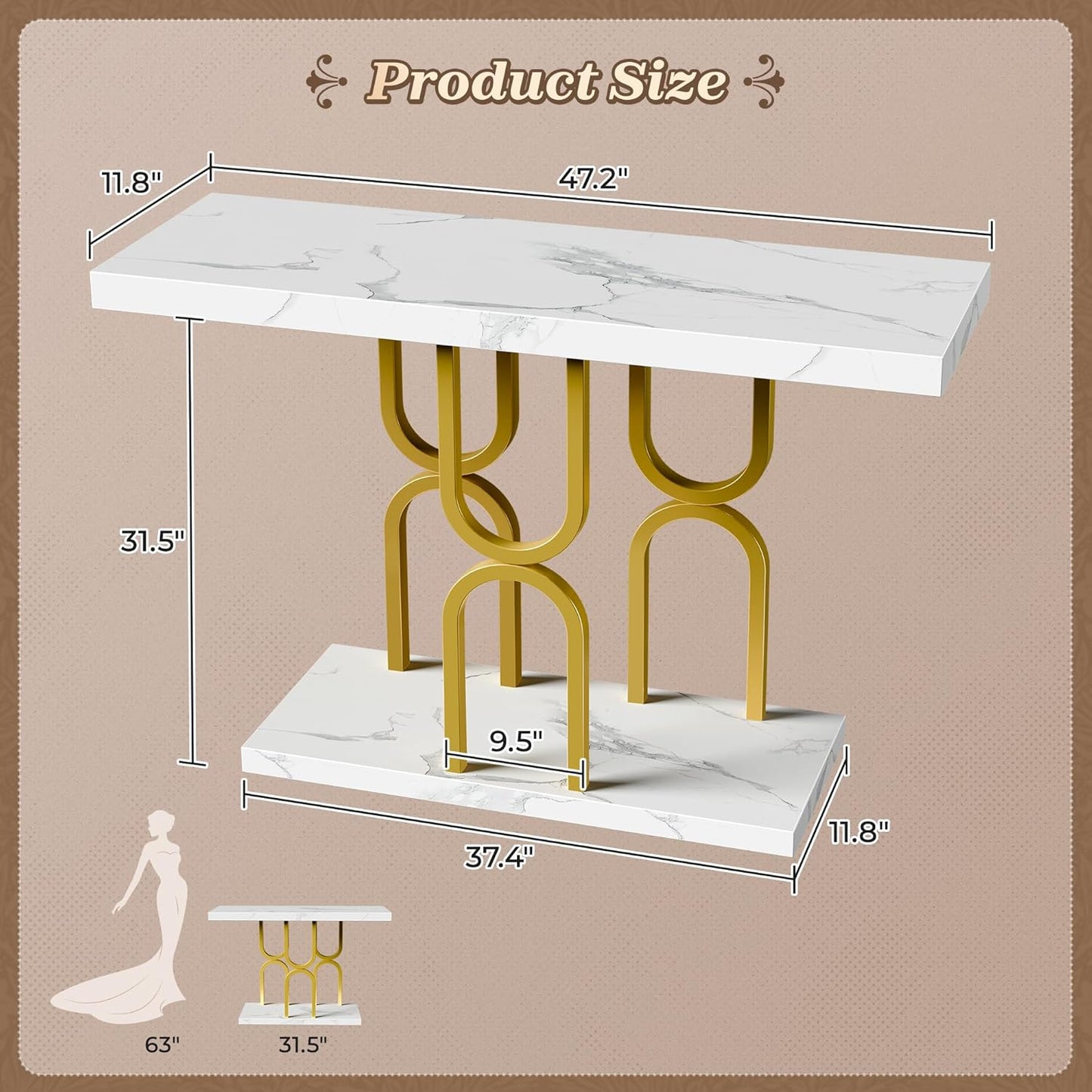 47.2 Inch Entryway Table with Marble Top, Modern Console Sofa Table, Accent Table, for Entry, Hallway, Entrance, Foyer, U-Shaped Metal Base, White Marble & Gold