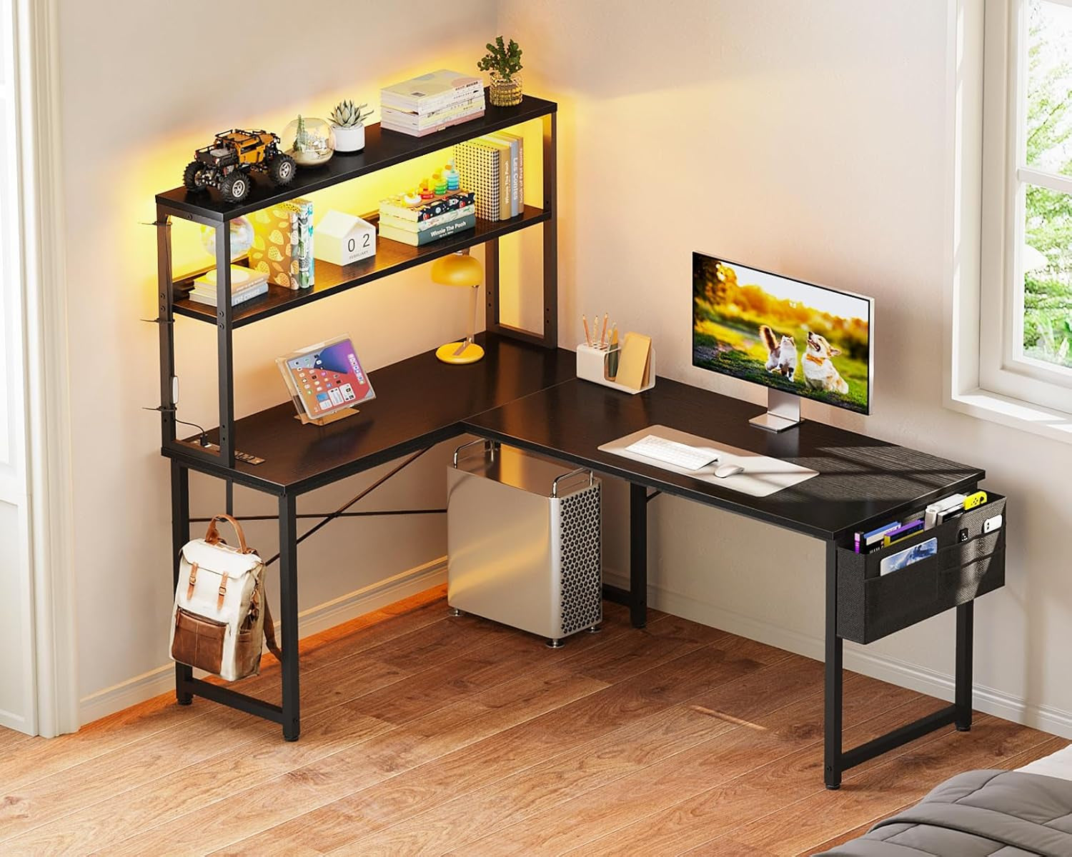 53 Inch L Shaped Desk with LED Lighting, Reversible Gaming Desk with Power Outlets, Cornor Computer Table with Storage Shelves & Bag & Iron Hook, Home Office Table for Writing, Study, Black