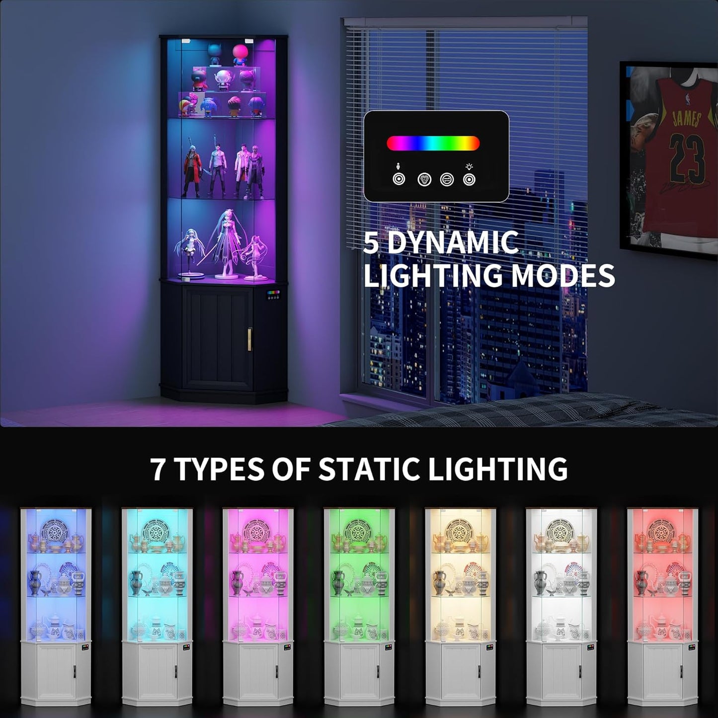 69" Corner Glass Display Cabinet with RGB Lights,3-Tier Movable Glass Shelves,Curio Display with Human Body Sensor,Bookcase with Storage Cabinet for Toys,Books,Collectibles,Liquor,Black