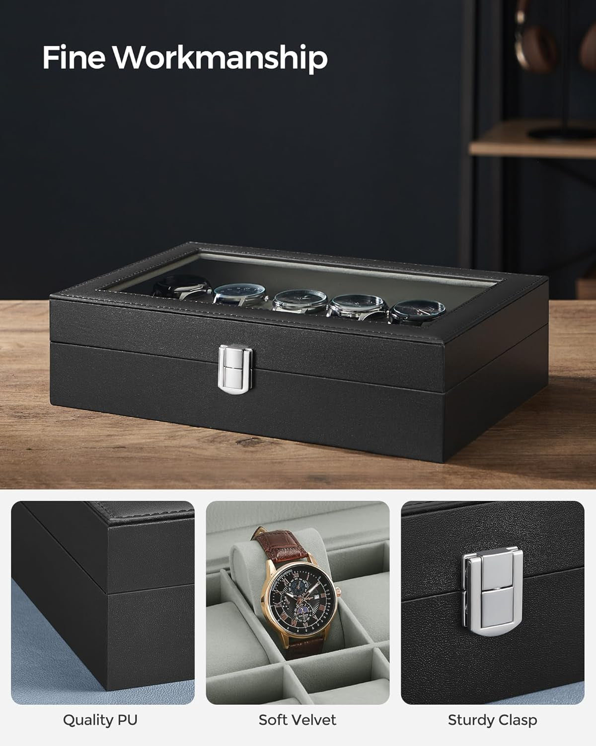 Watch Box, 12-Slot Watch Case Organizer with Large Glass Lid, Removable Pillows, Gift for Loved Ones, Black Synthetic Leather, Gray Lining UJWB12BK