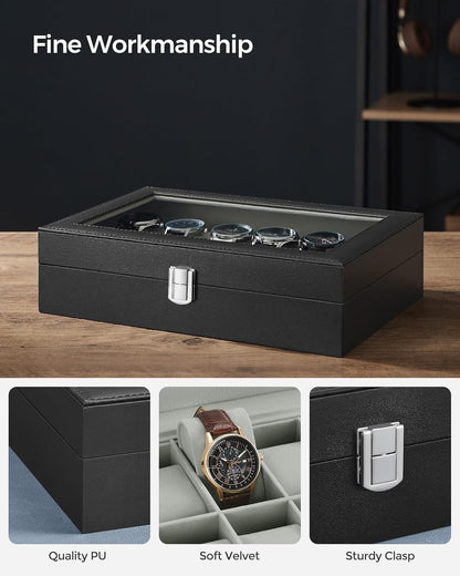 Watch Box, 12-Slot Watch Case Organizer with Large Glass Lid, Removable Pillows, Gift for Loved Ones, Black Synthetic Leather, Gray Lining UJWB12BK