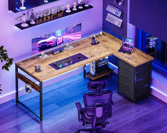 L Shaped Gaming Desk with 4 Drawers, 61" Reversible Home Office Desks with Power Outlets, L Shaped Computer Desk with USB Charging Port and Host Stand, Corner Desk, Easy to Assemble, Vintage