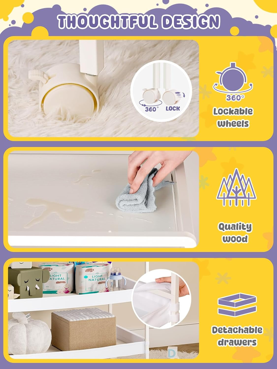 Foldable Baby Changing Table with Wheels, Certified Diaper Changing Station with Storage Drawers, 3 in 1 Portable Compact Diaper Table for Nursery, White