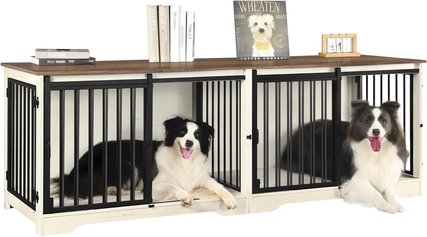 78" Dog Crate Furniture for 2 Dogs, Double Dog Cage with Divider, Wooden Heavy Duty Dogs Kennel, Pet Cage with Barn Door, TV Stand for Large Small Medium Dogs, White Brown DFC83714BV1