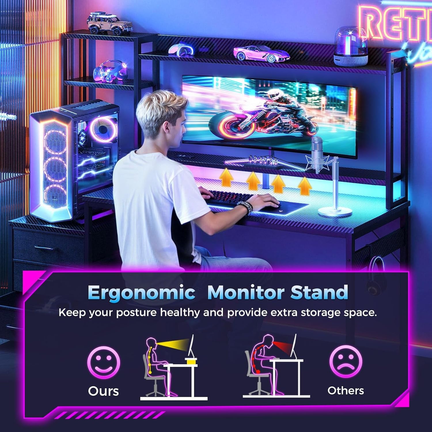 48 Inch Gaming Desk with Hutch & 3 Fabric Drawers, Computer Desk with USB Ports & LED Lights, Reversible Pc Gamer Table with Monitor Stand for Home Office, Carbon Fiber Black