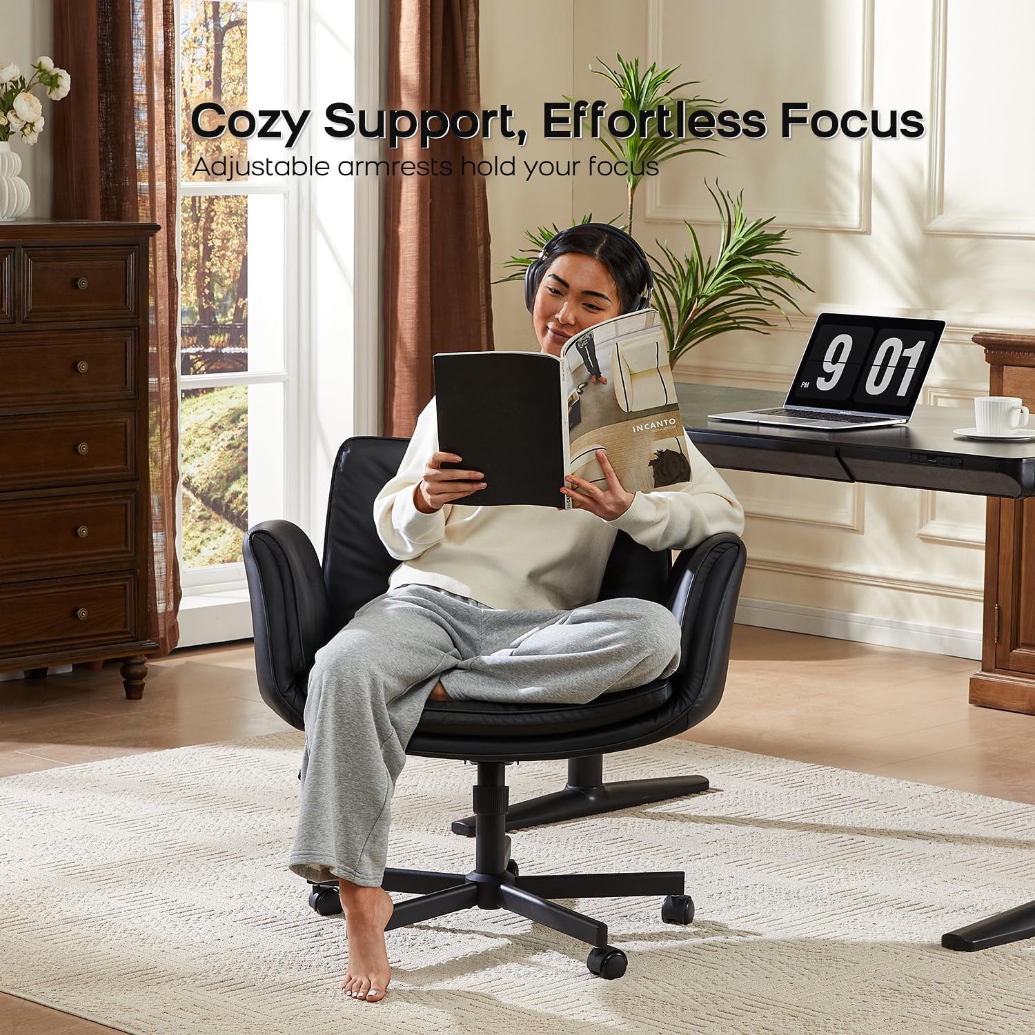 Criss Cross Chair with Armrests & Wheels, PU Leather Vanity Chair, Comfortable Adjustable Swivel Computer Office Desk Chairs for Home, Make Up, Bed Room (Cream White)