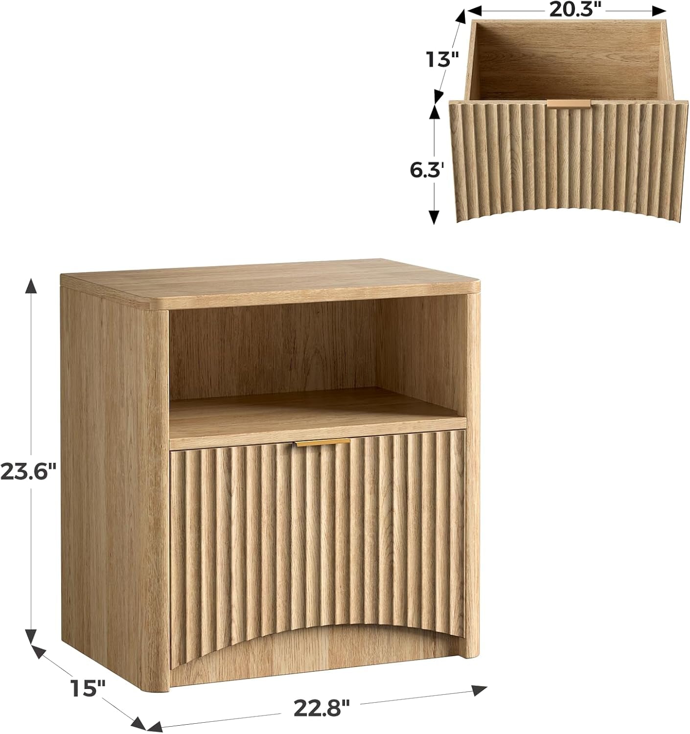 Fluted Nightstand Set of 2, Natural Oak Bedside Table with Drawer and Storage, Wood End Table Mid Century Modern, Large Night Stand for Bedroom