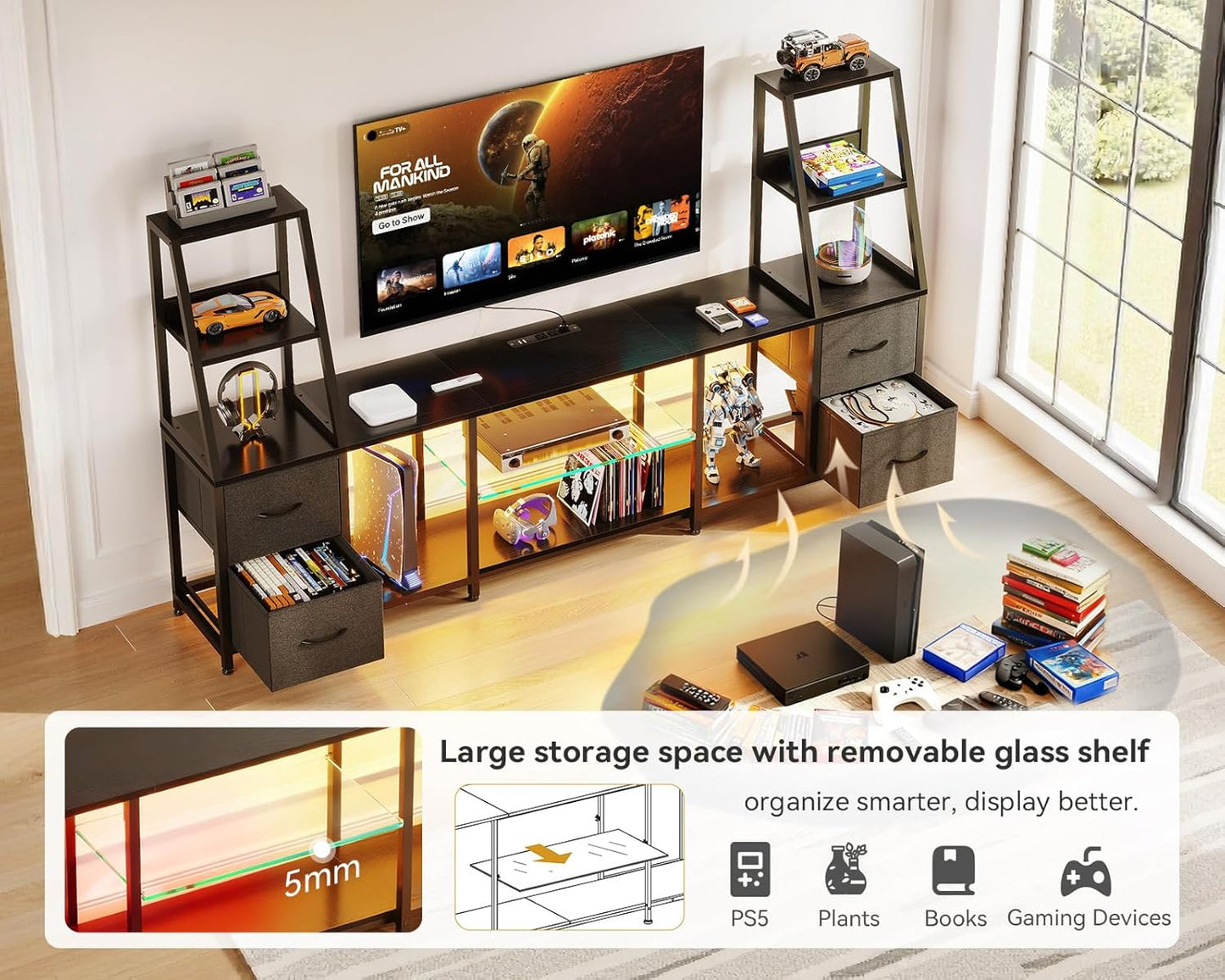 TV Stand for 40-60 Inch Tvs, Entertainment Center with LED Lights & Power Outlets, 4 Drawer Modern TV Media Console and Bookshelf TV Stand Combo for Living Room Bedroom, Black