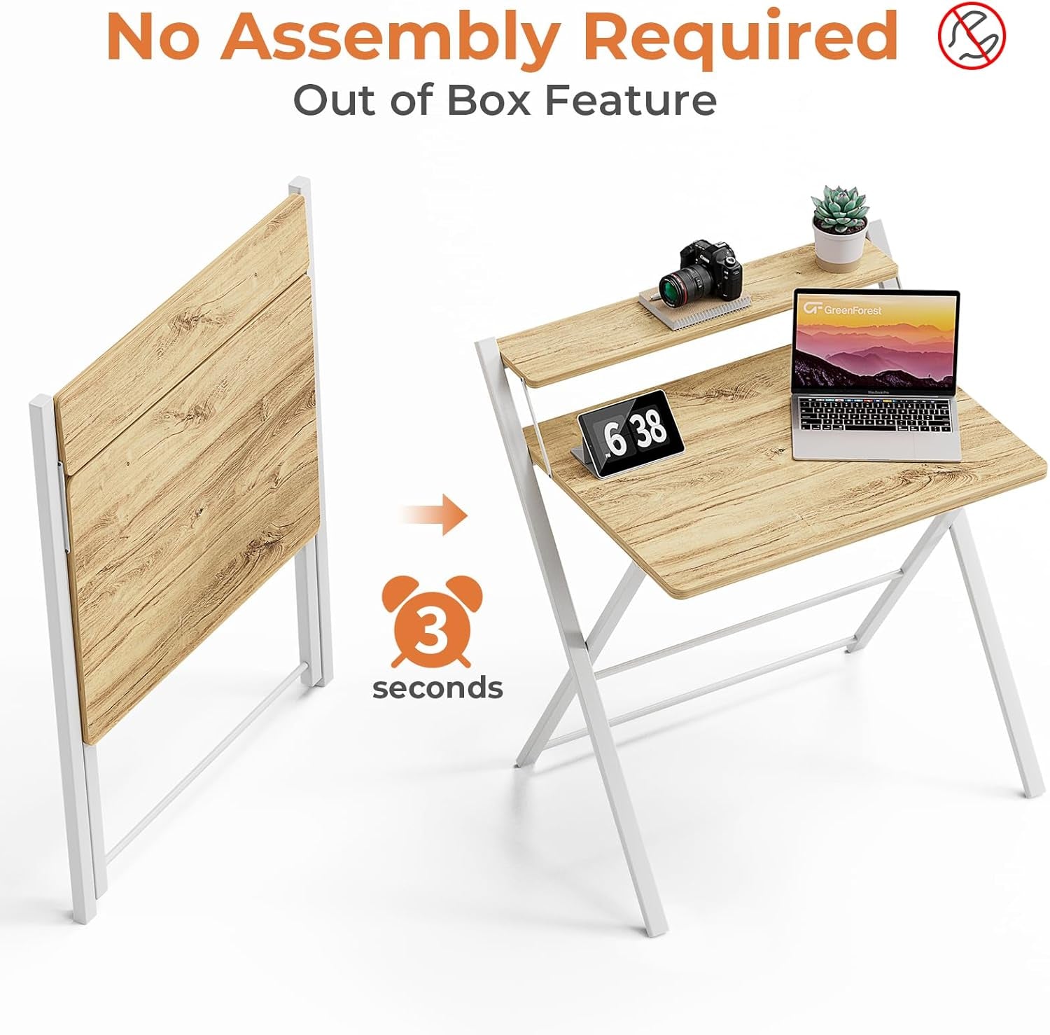 Portable Small Desk No Assembly, 2-Tier Compact Computer Desk with Shelf, Space Saving Foldable Table for Home Office, Bedroom or Apartment, Portable Collapsible Sturdy Laptop Desk, Oak