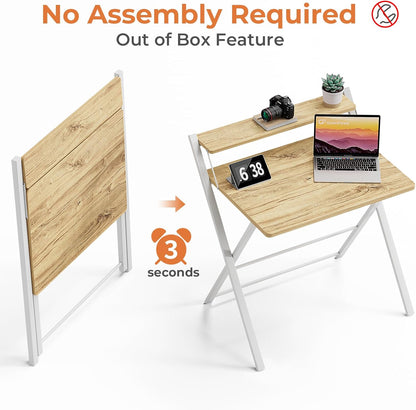 Portable Small Desk No Assembly, 2-Tier Compact Computer Desk with Shelf, Space Saving Foldable Table for Home Office, Bedroom or Apartment, Portable Collapsible Sturdy Laptop Desk, Oak