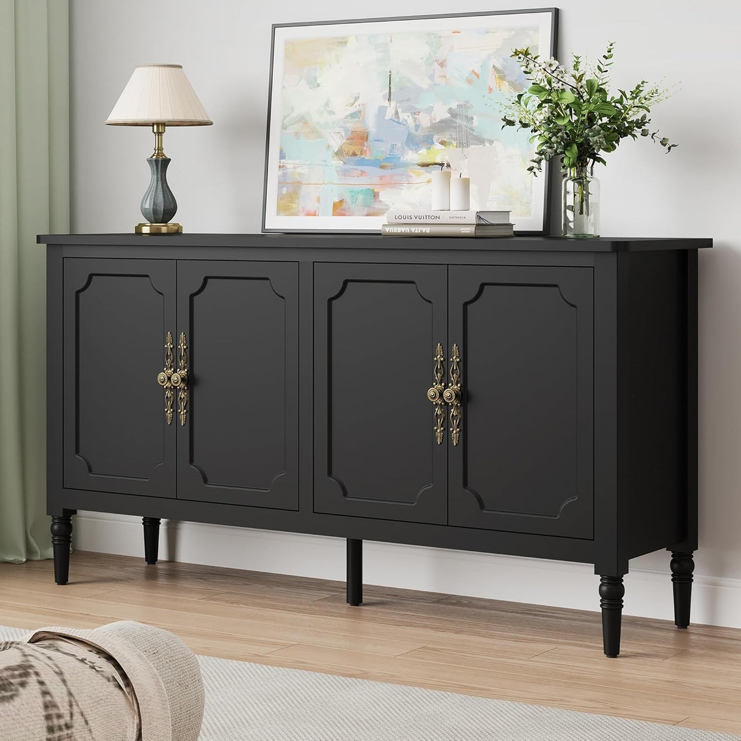 Large Sideboard Buffet Cabinet with Storage, 58'' Modern Credenza Buffet Table Coffee Bar Wine Bar Storage Cabinet with Artistic Carved Handle for Dining Room Living Room, (Satin Black)