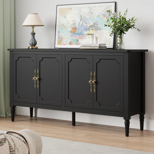 Large Sideboard Buffet Cabinet with Storage, 58'' Modern Credenza Buffet Table Coffee Bar Wine Bar Storage Cabinet with Artistic Carved Handle for Dining Room Living Room, (Satin Black)
