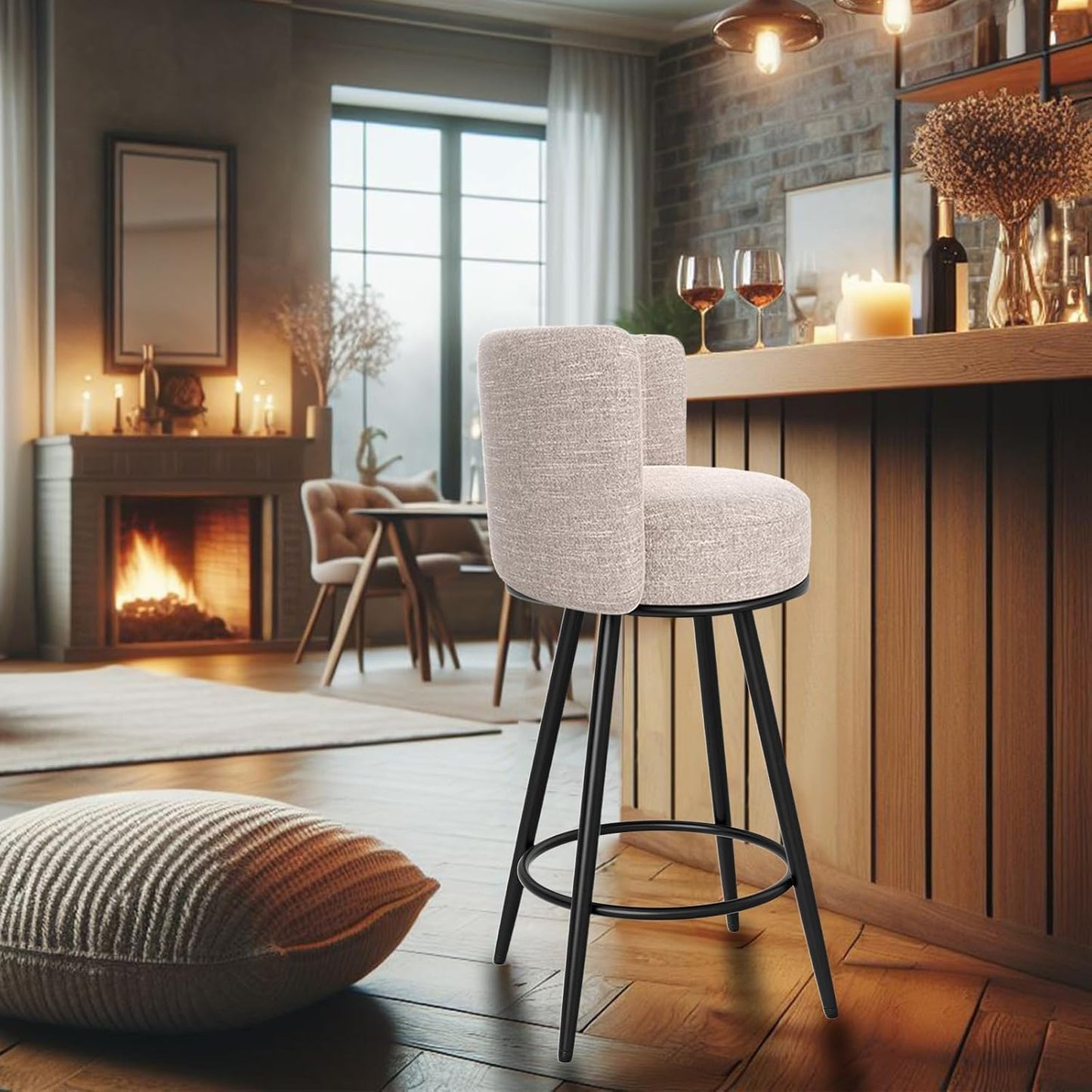 Bar Stools Set of 4, 27" Tufted Modern Counter Height Bar Stools, Upholstered Barstools with Back & Footrest Metal Legs, Stools for Kitchen Island, Counter, Cafes, Dining Room (Beige)