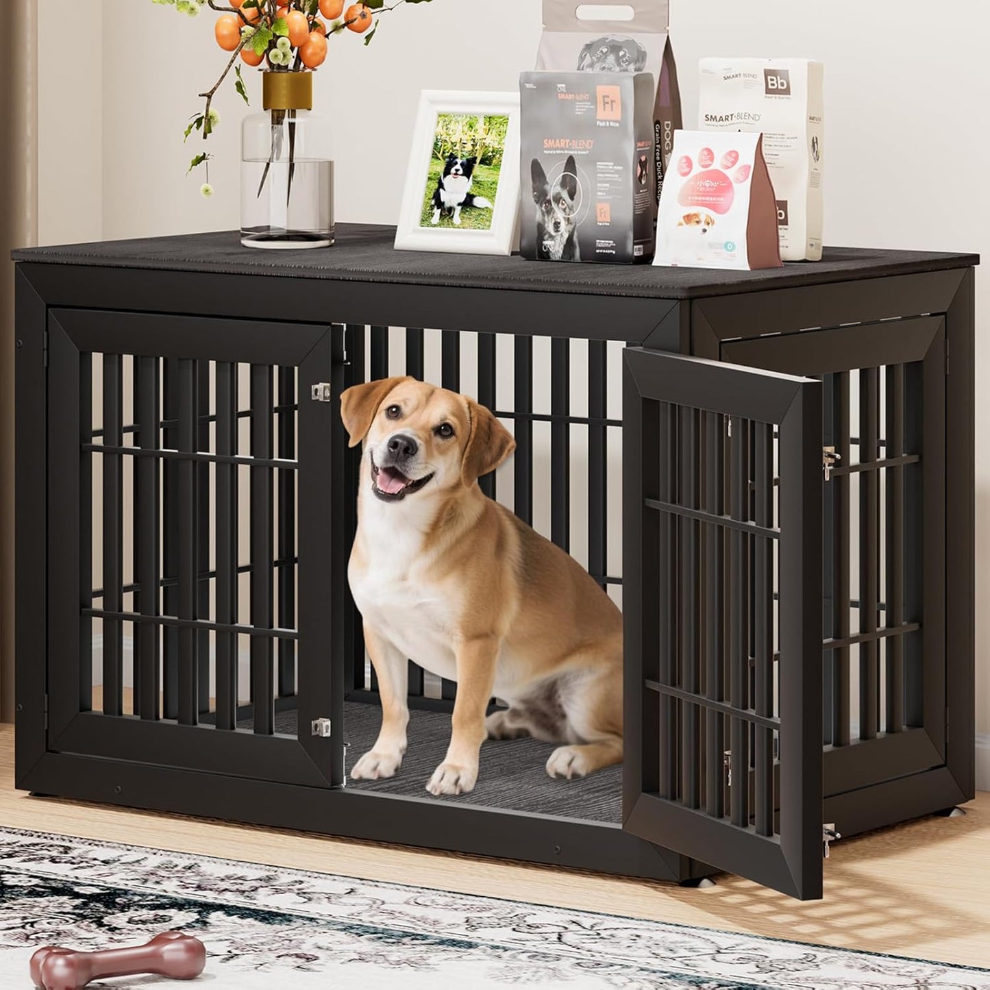 48" Heavy Duty Dog Crate Furniture for Small,Medium and Large Dogs,Rustic Wooden Dog Cage Kennel Indoor Furniture with Waterproof Top,Decorative Pet House Side End Table (Black & Grey)