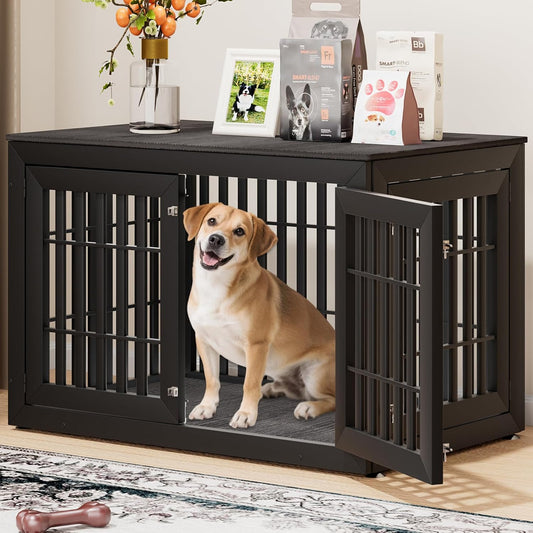 48" Heavy Duty Dog Crate Furniture for Small,Medium and Large Dogs,Rustic Wooden Dog Cage Kennel Indoor Furniture with Waterproof Top,Decorative Pet House Side End Table (Black & Grey)