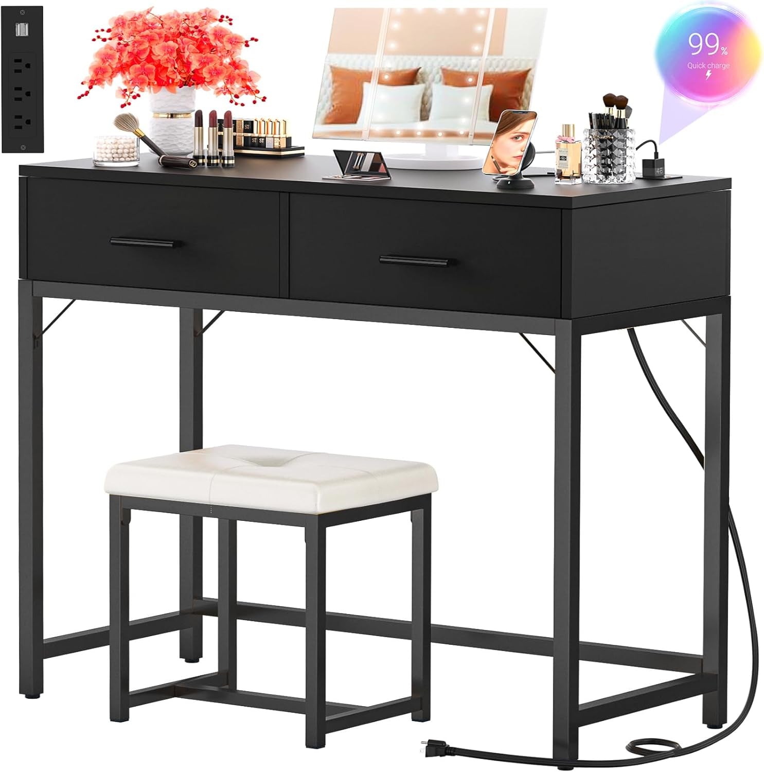 Vanity Desk, Vanity Desk with Mirror and Light, Small Vanitys Set with Drawers, Makeup Desk with Power Outlets, 36'' Makeup Vanitys with Stool, Dressing Table, Black