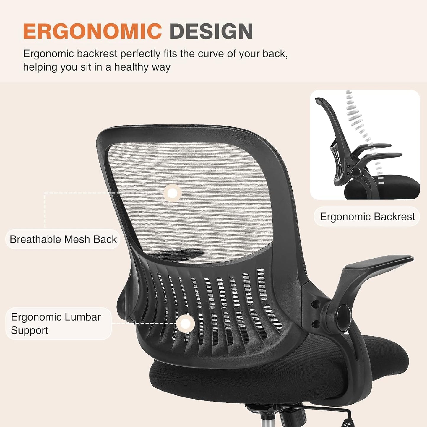Office Computer Desk Chair, Ergonomic Mid-Back Mesh Rolling Work Swivel Task Chairs with Wheels, Comfortable Lumbar Support, Comfy Flip-Up Arms for Home, Bedroom, Study, Student, Black