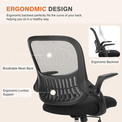 Office Computer Desk Chair, Ergonomic Mid-Back Mesh Rolling Work Swivel Task Chairs with Wheels, Comfortable Lumbar Support, Comfy Flip-Up Arms for Home, Bedroom, Study, Student, Black