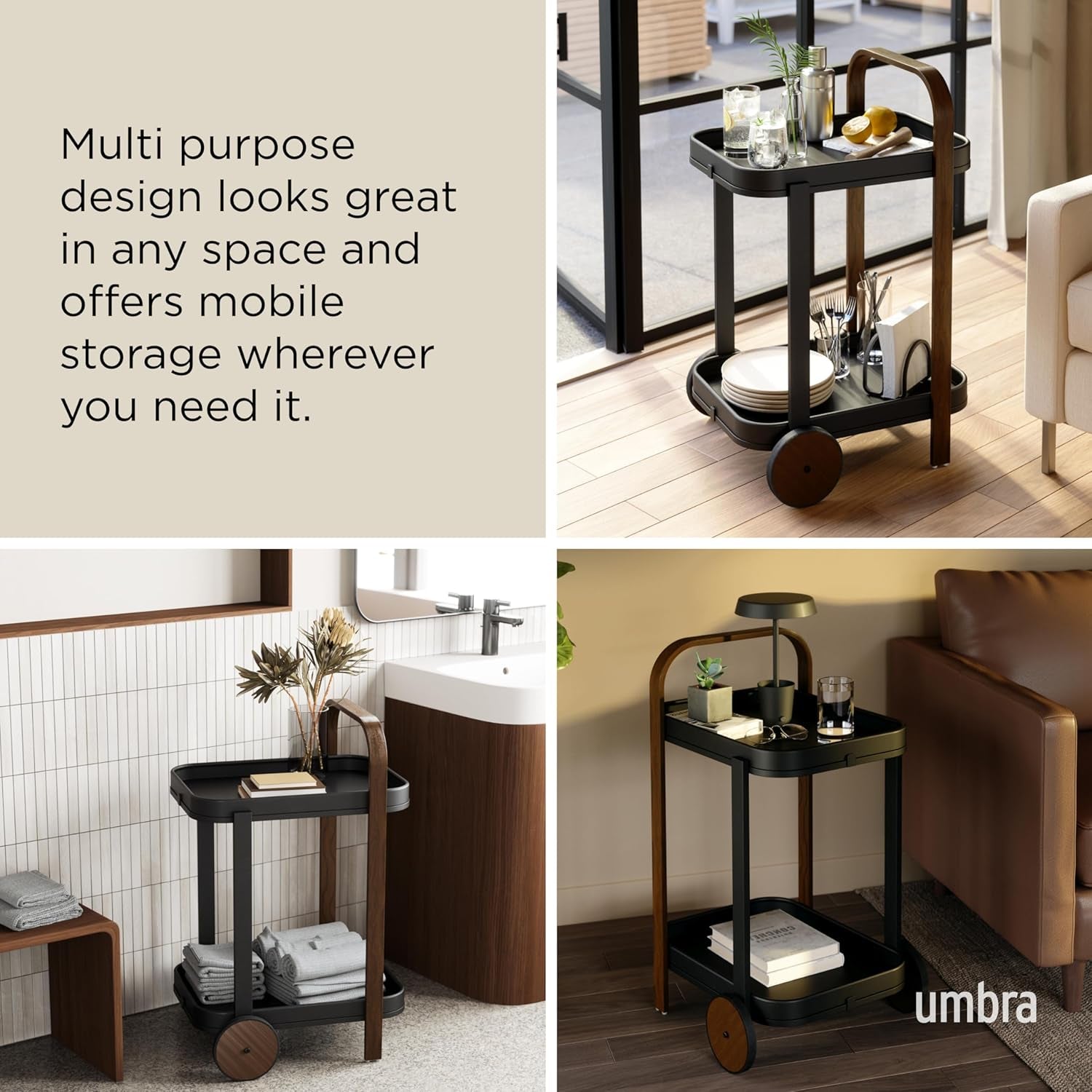 Bellwood Bar Cart, Serving Trolley, Side Table, Walnut/Black