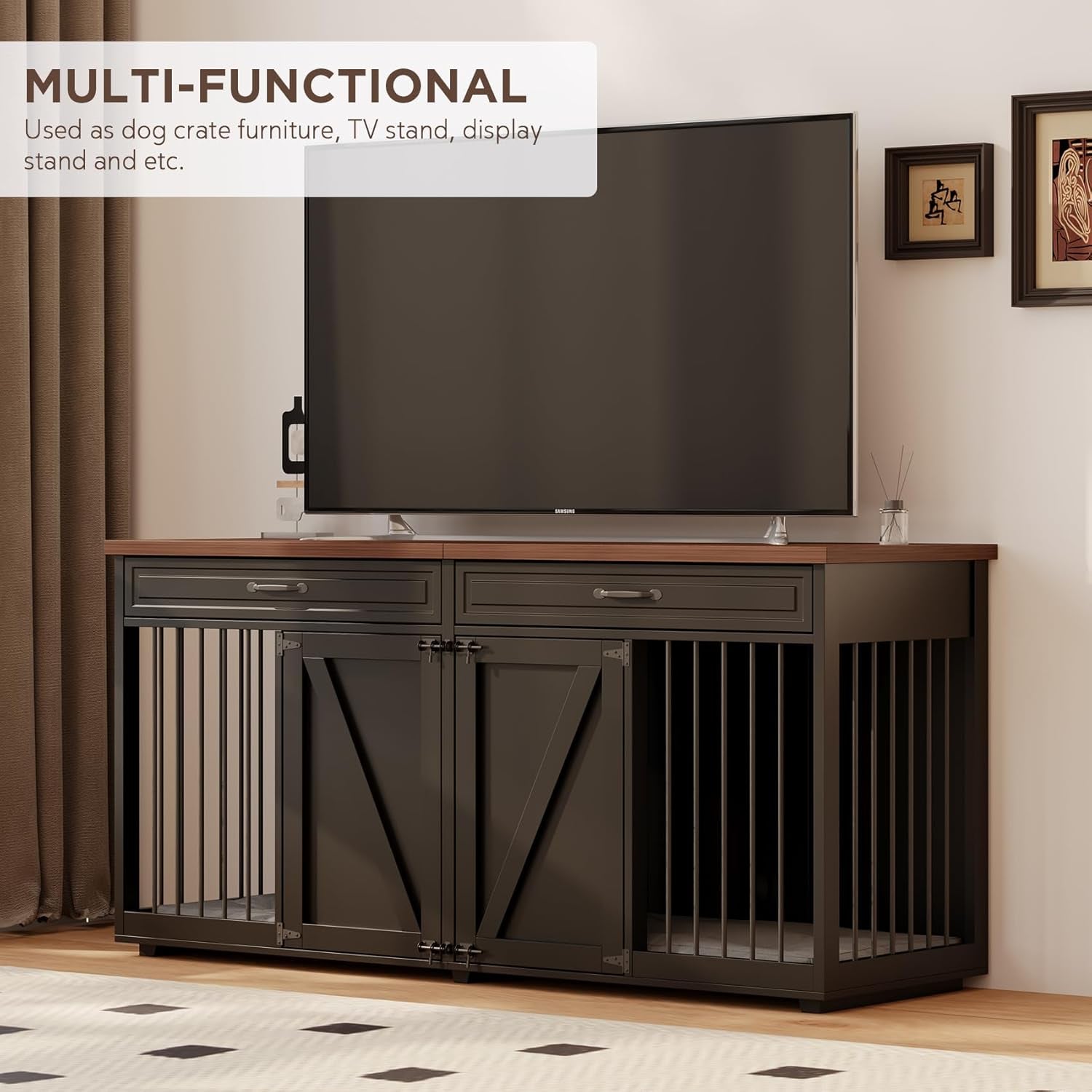 Furniture Style Dog Crate - Indoor Wooden Dog Kennel Furniture with 2 Drawers & Room Divider - 72" L X 23.6" W X 34" H - Black