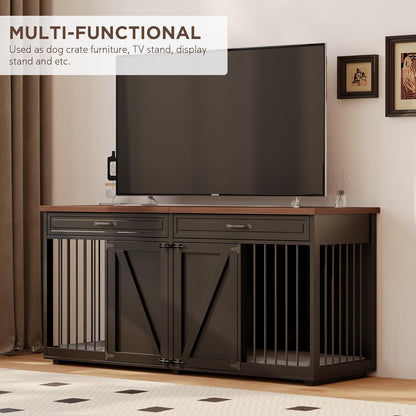 Furniture Style Dog Crate - Indoor Wooden Dog Kennel Furniture with 2 Drawers & Room Divider - 72" L X 23.6" W X 34" H - Black