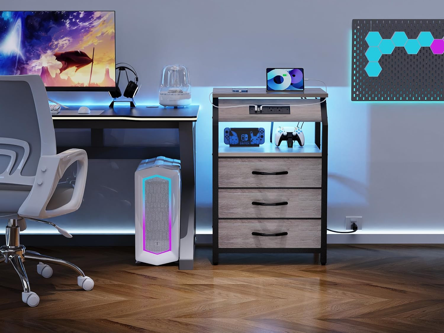 Night Stand Set of 2, Nightstands with Charger Station and LED Lights, End Tables Set with 3 Fabric Drawers, Storage Side Tables for Bedside, Living Room, Greige