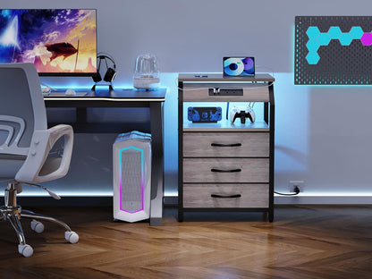 Night Stand Set of 2, Nightstands with Charger Station and LED Lights, End Tables Set with 3 Fabric Drawers, Storage Side Tables for Bedside, Living Room, Greige