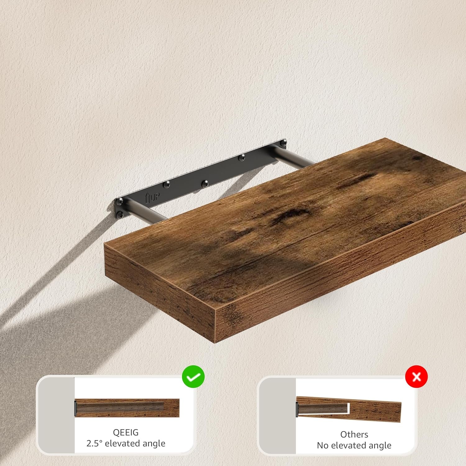 Bathroom Floating Shelves for Wall - Shelf over Toilet Paper Storage with Led Lights and Leaves Farmhouse Decor Small 16 Inch Set of 3, Brown (L019BN3)