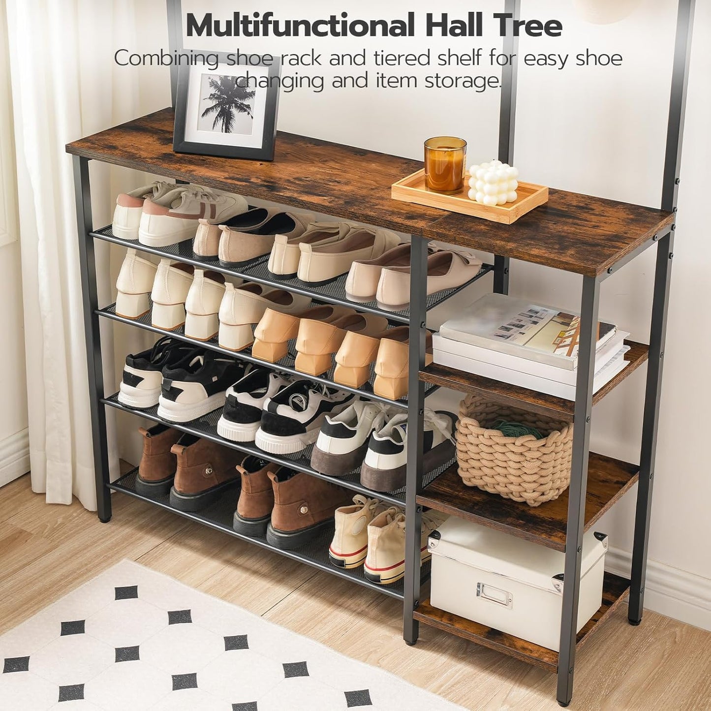 Hall Tree with Bench, Entryway Bench with Coat Rack, Shoe and Coat Rack for Entryway, Coat Rack with Shoe Storage and Reversible Storage Shelves, Rustic Brown BF105MT01