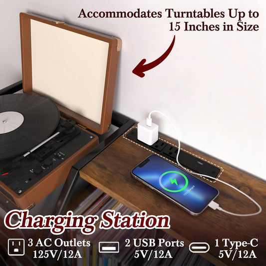 Large Record Player Stand with Power Outlets, 500+ Albums Vinyl Storage Cabinet, Sturdy 3-Tier Turntable Stand, Easy Assembly Audio Media Console Table for Living Room, Vintage Brown