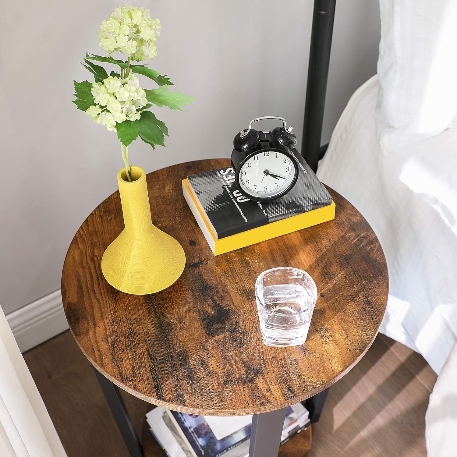 End Table, round Side Table with Storage Shelf, Easy Assembly, Industrial Accent Furniture with Steel Frame, Rustic Brown and Black