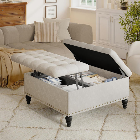 Large White Ottoman with Storage, Multi-Function Storage Bench & Coffee Table with Chenille Upholstery, Easy Assembly