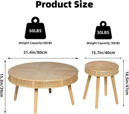 2-Piece Farmhouse Coffee Table, Modern Rustic Sofa Side Tea Tables, Solid Wood Finish with Crafted Rattan Side and End Table Sets for Living Room (Natural)