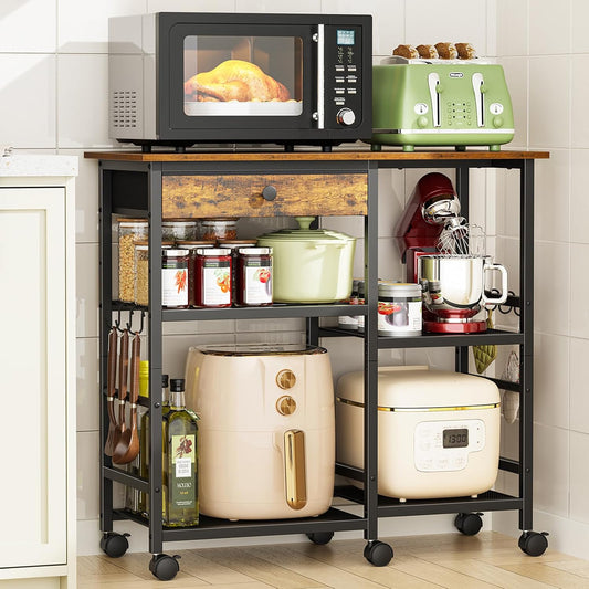 Microwave Stand, 6-Tier Microwave Cart with Wheels & Adjustable Shelf, Coffee Bar Table Station, Rolling Storage Cart Organizer Shelf for Living Room, Kitchen Island, Office, Rustic Brown