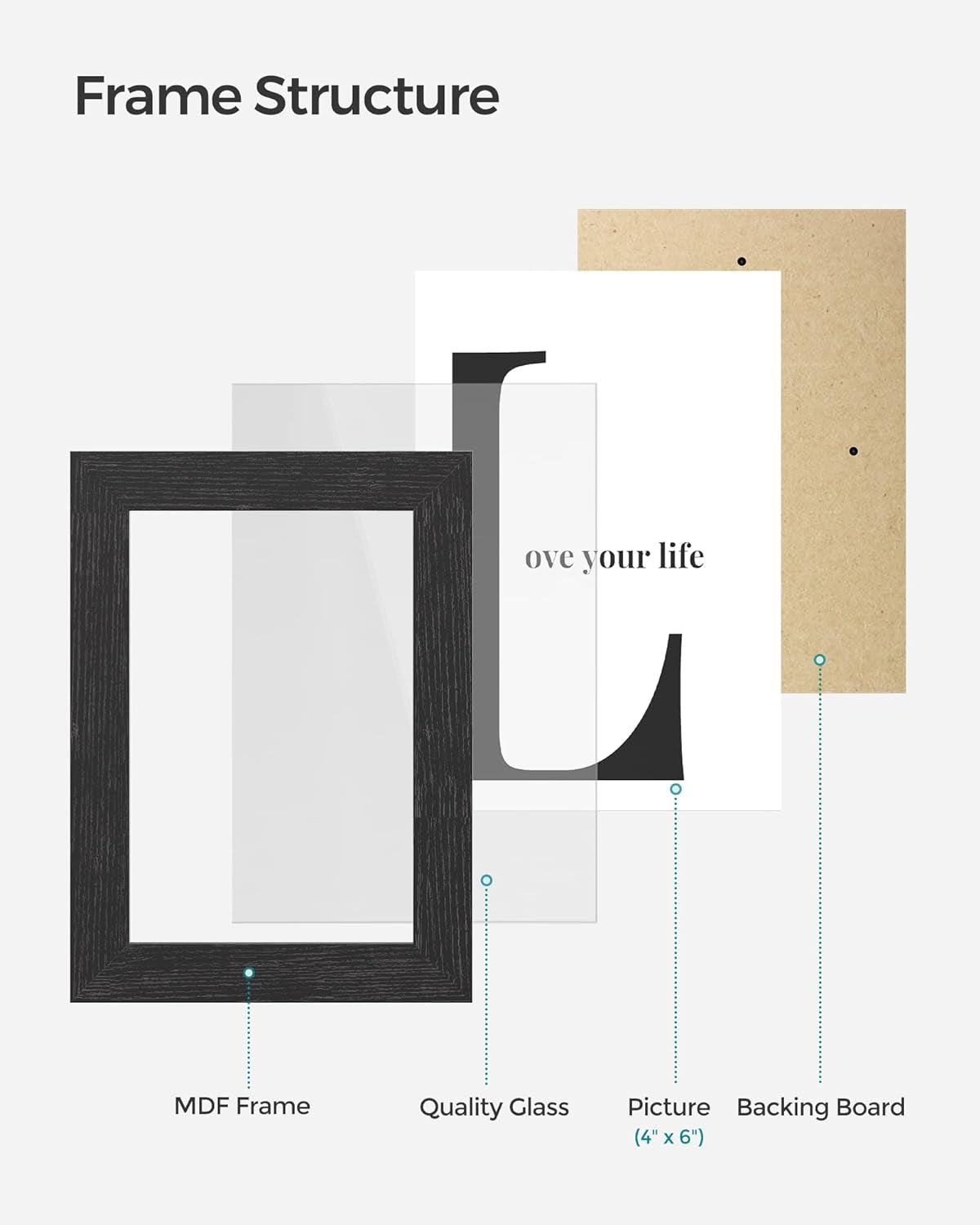 4X6 Collage Picture Frames, Family Photo Collage Frame Set of 4 for Wall Decor, Glass Front, Wall Hanging or Tabletop, Ink Black URPF25BK